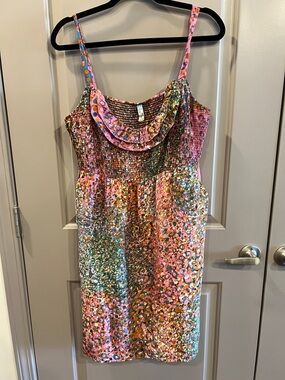 Maeve Confetti Whirl Pink Silk Floral Smocked Sundress with Multicolor Accents